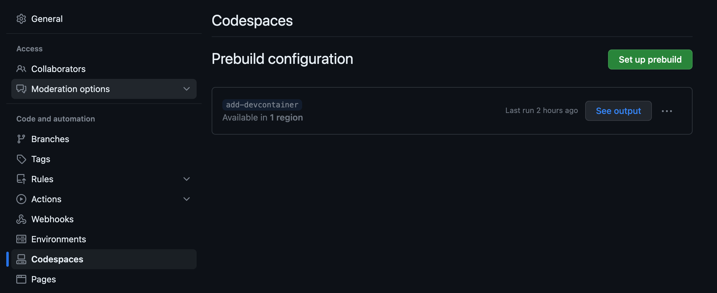 Github Codespaces Settings page